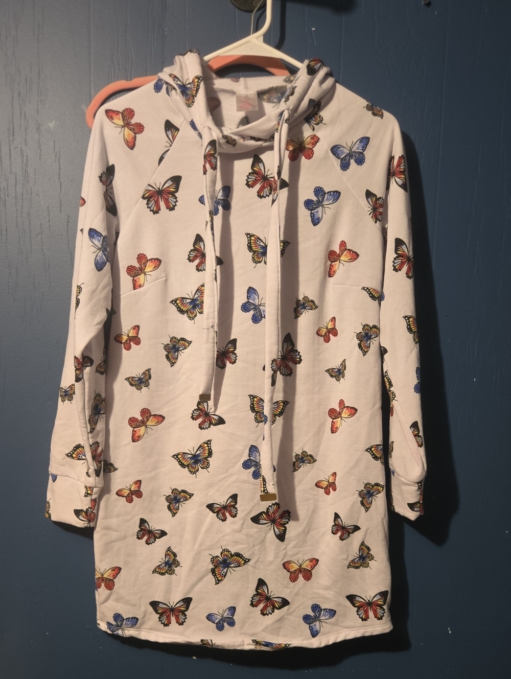 No Boundaries White Hoodie Dress with Multi-Colored Butterflies